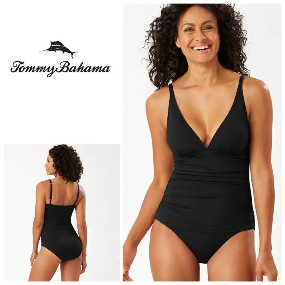 New. Tommy Bahama black shirred swimsuit with tummy control. Normally $138. Siz